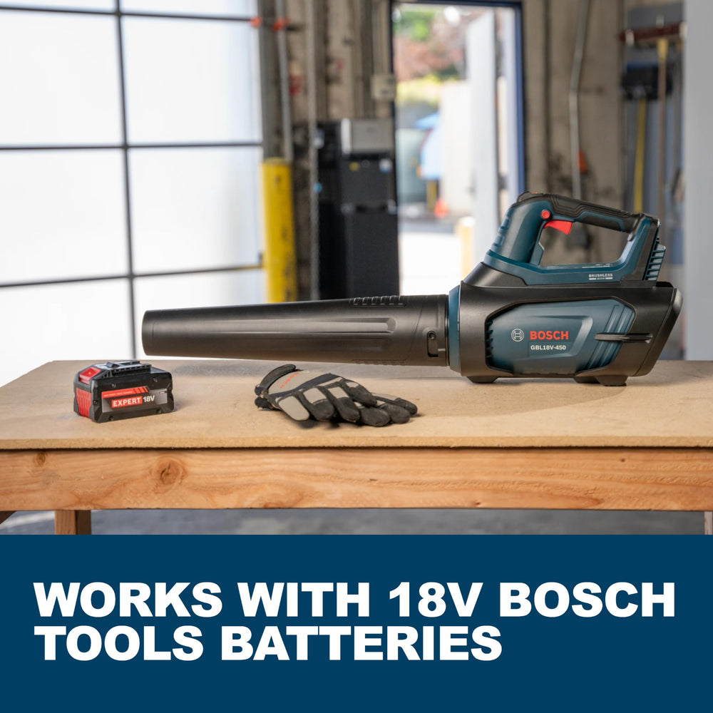 BOSCH blower in use clearing leaves on a yard for fast outdoor cleanup benefit