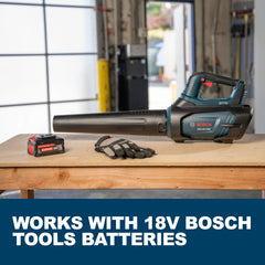 BOSCH blower in use clearing leaves on a yard for fast outdoor cleanup benefit