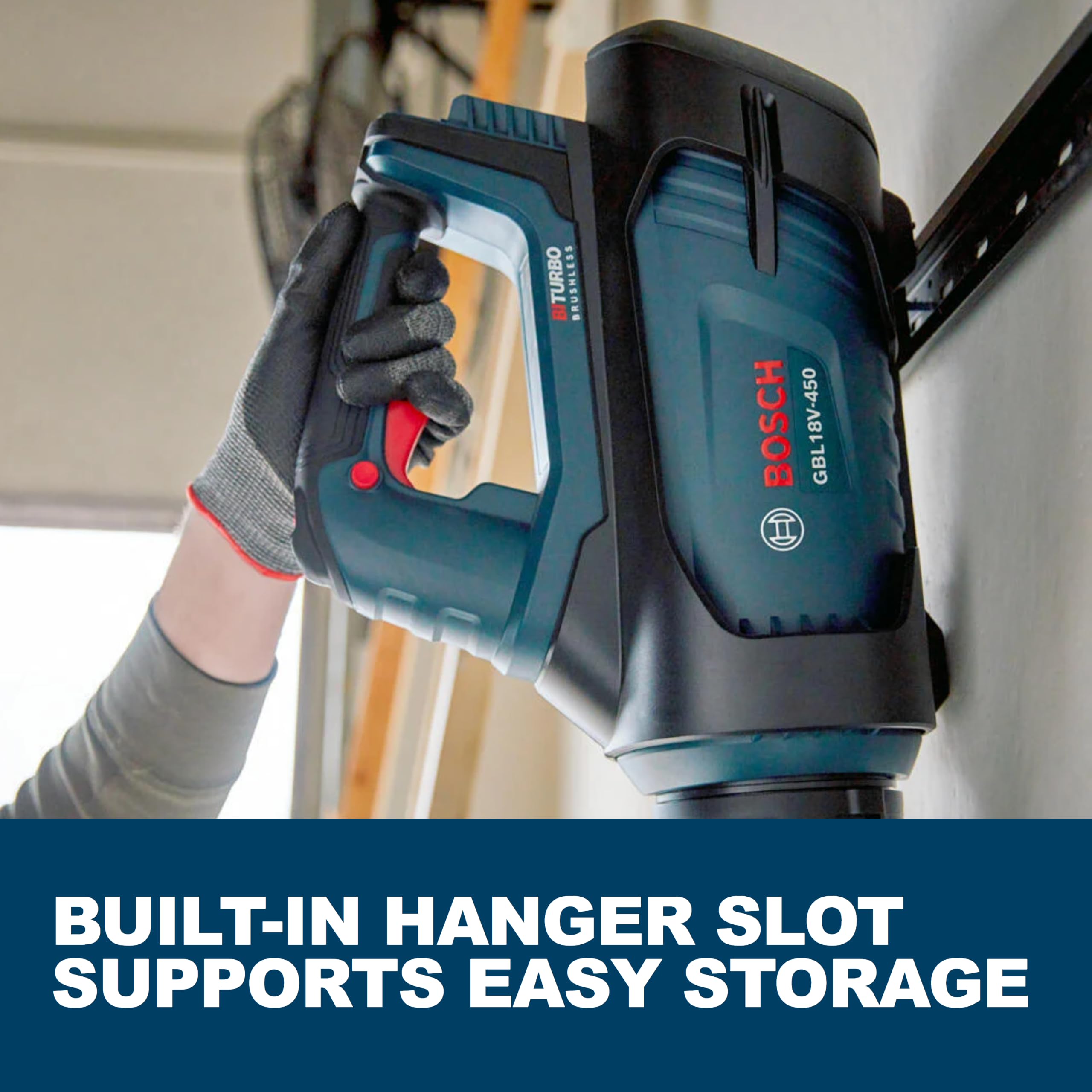 BOSCH blower next to handrail showing scale and lightweight portability benefit