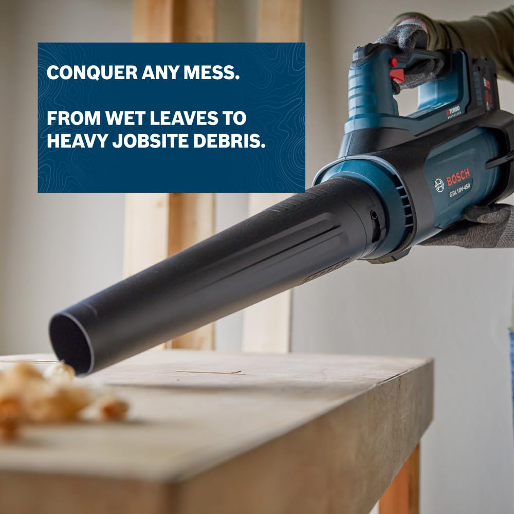 Bosch blower in use clearing leaves on driveway showing efficient debris removal benefit