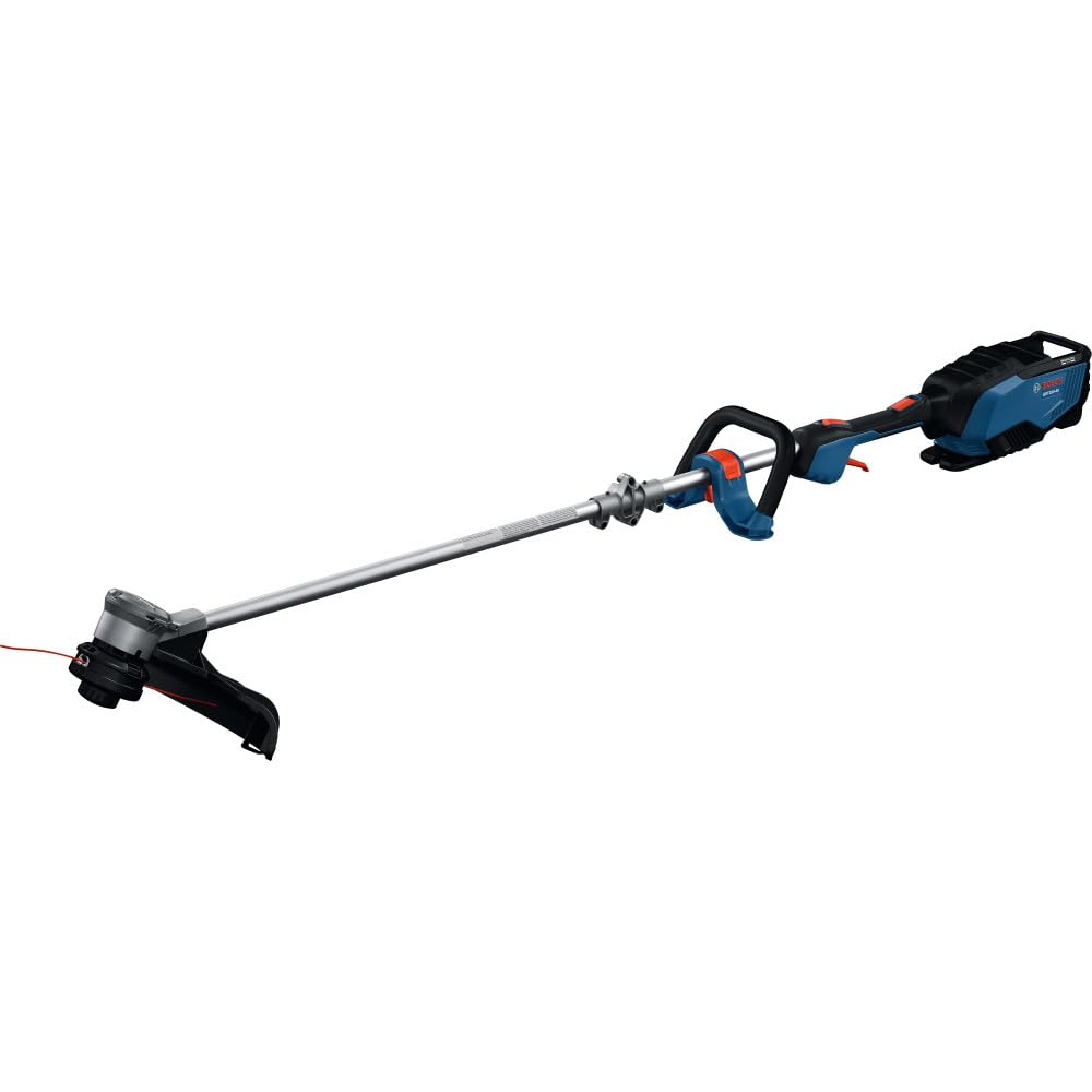 Bosch front view of GRT18V-40N trimmer showing wide 16-inch swath and efficient reach