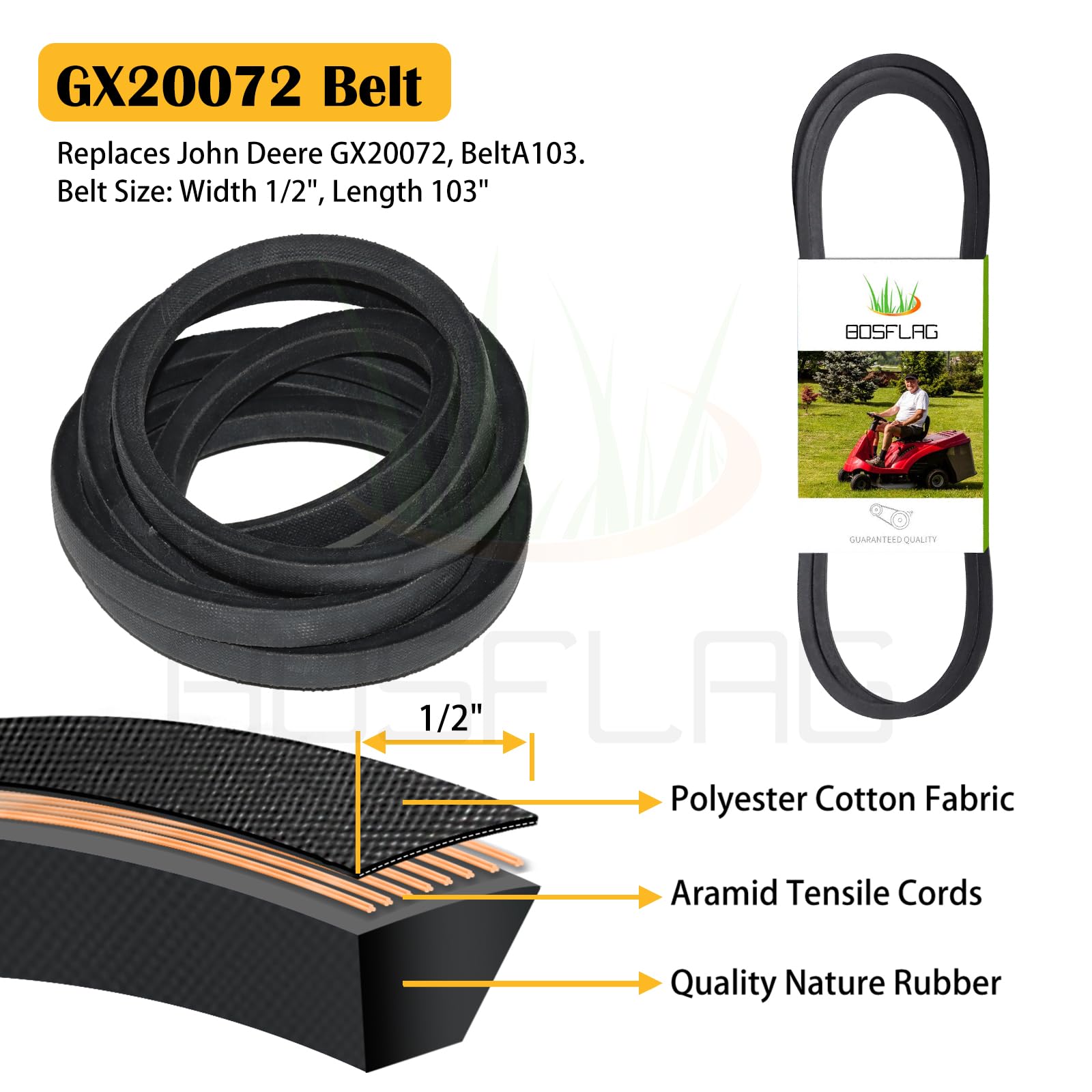 BOSFLAG 1/2x103 belt laid flat demonstrating correct length and replacement confidence benefit