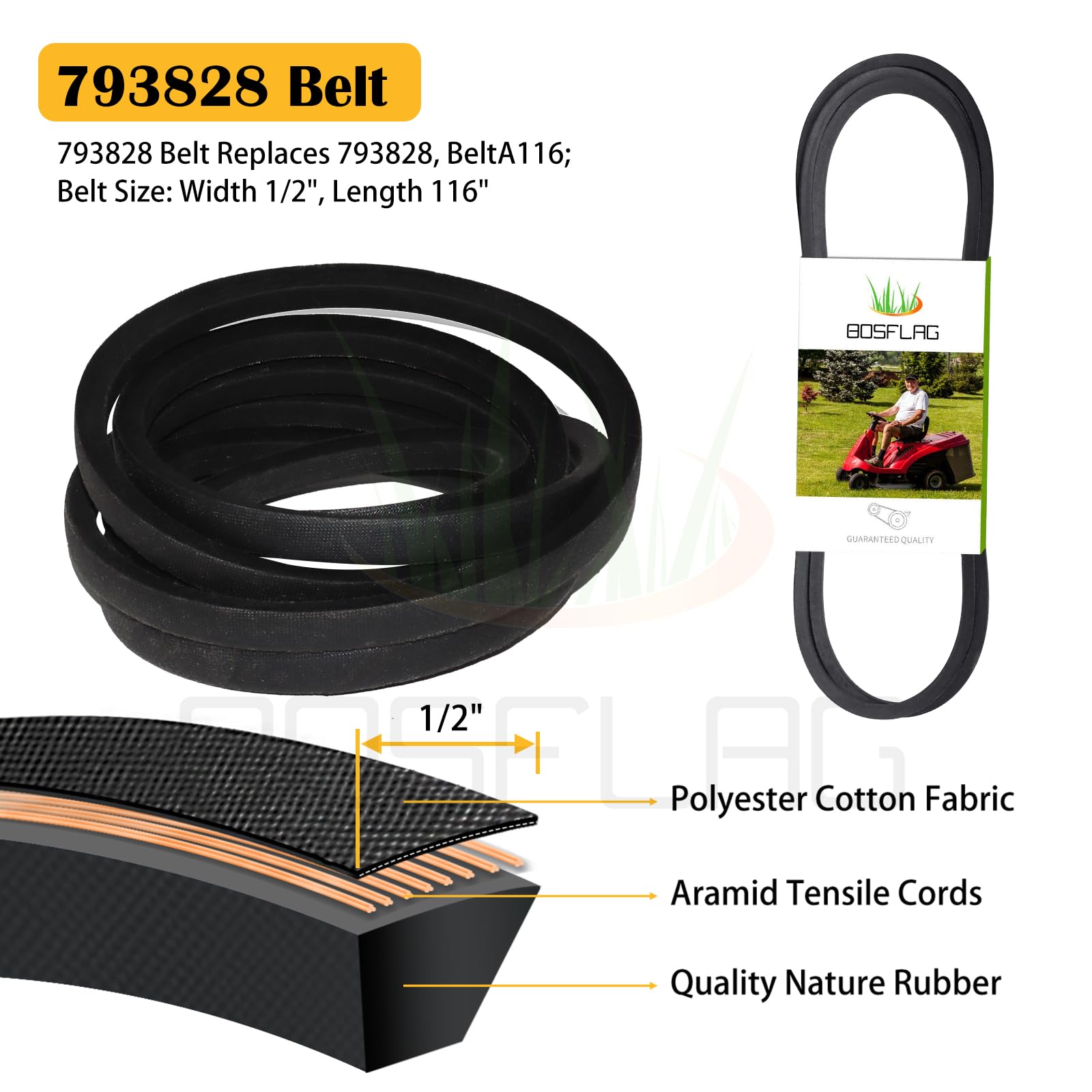 BOSFLAG deck belt laid flat showing length and wear-resistant material