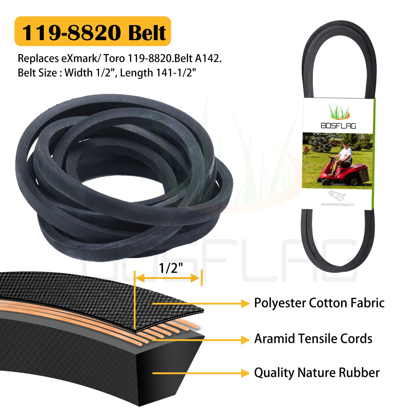 BOSFLAG full-length deck belt laid flat highlighting correct belt size