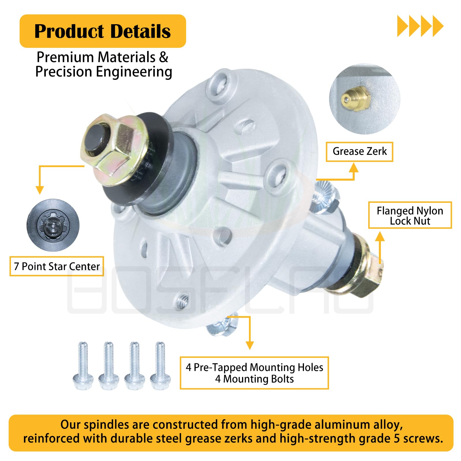 BOSFLAG spindle grease zerk close-up showing easy lubrication and extended life benefit