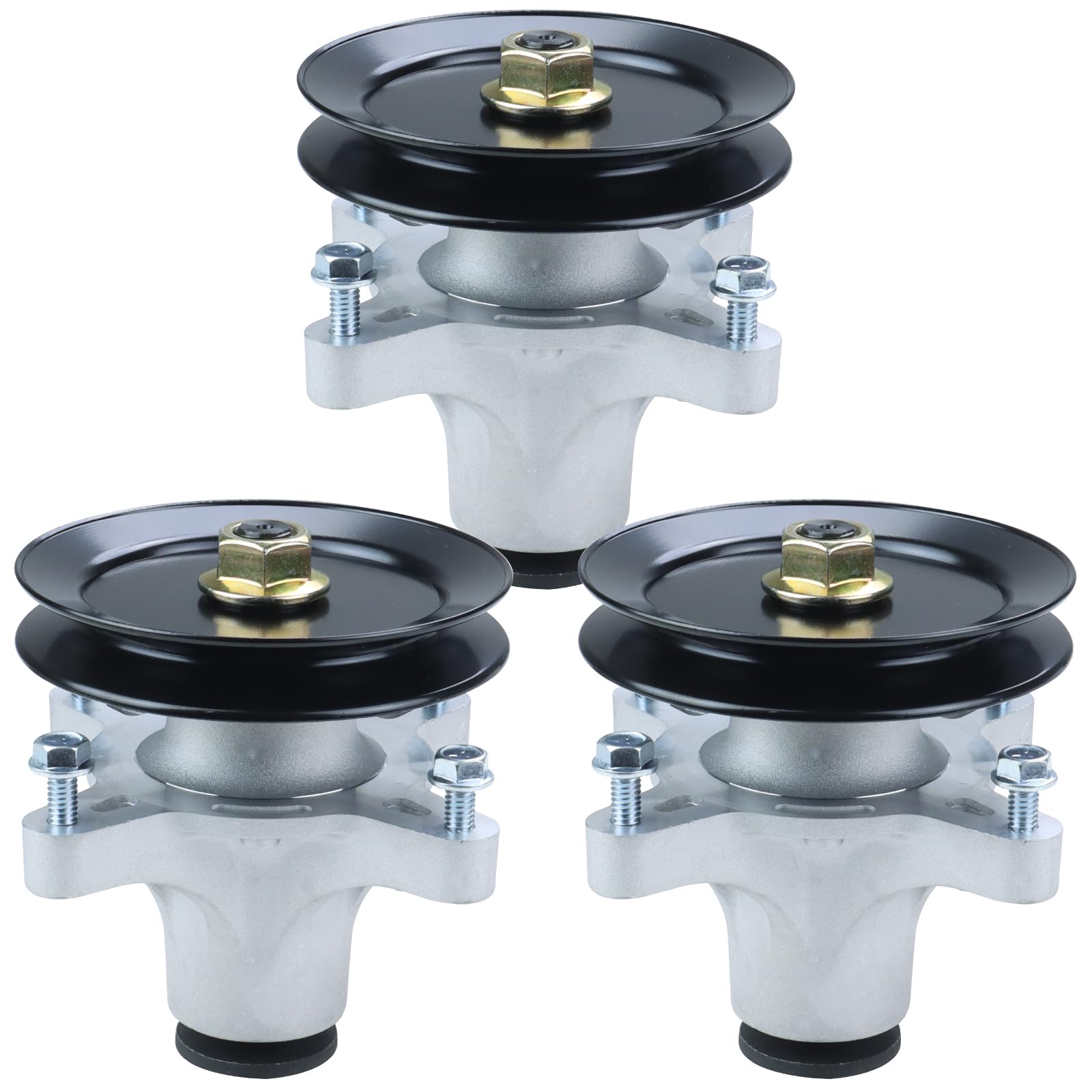 BOSFLAG front view of 3-pack spindles and pulleys showing complete kit benefits