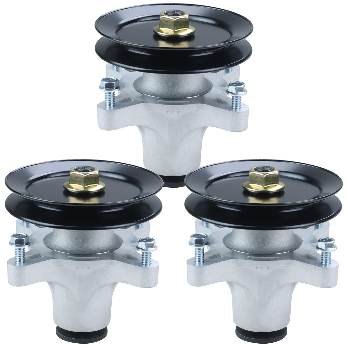 BOSFLAG front view of 3-pack spindles and pulleys showing complete kit benefits