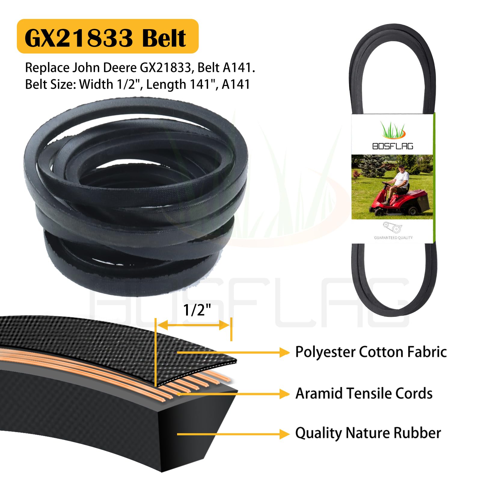 BOSFLAG GX21833 deck belt flat to show length and reliable traction