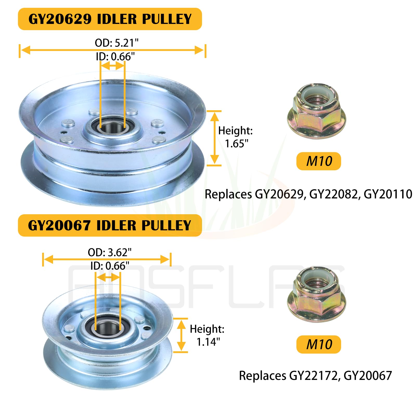 BOSFLAG GY20629 and GY20067 idler pulleys displayed with hardware benefits
