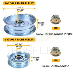 BOSFLAG GY20629 and GY20067 idler pulleys displayed with hardware benefits