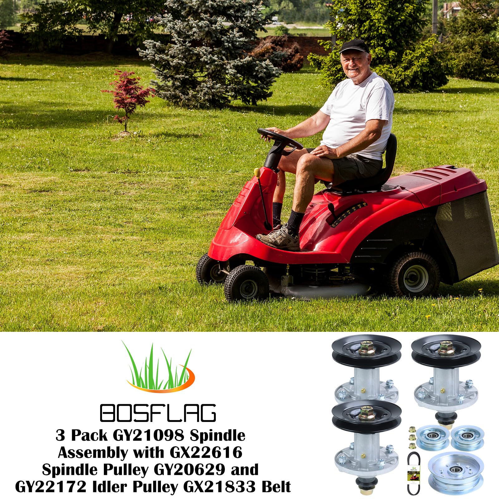 BOSFLAG technician replacing deck parts in a tidy mower maintenance setting