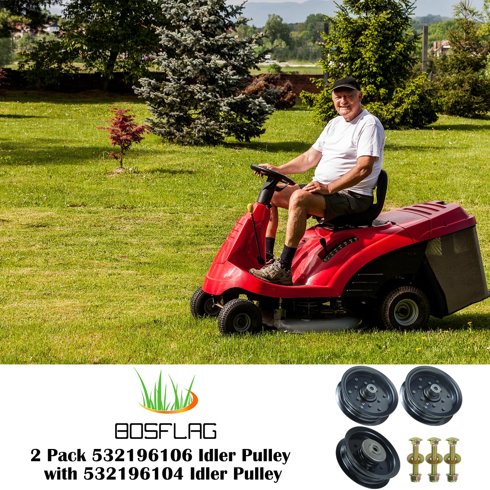 BOSFLAG maintenance scene with ride mower showing quick on-site replacement benefit