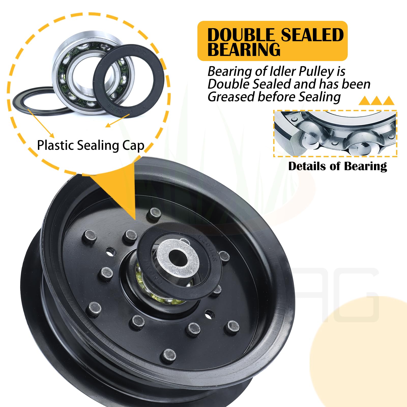 BOSFLAG pulley mounted on a ride mower deck demonstrating restored belt routing