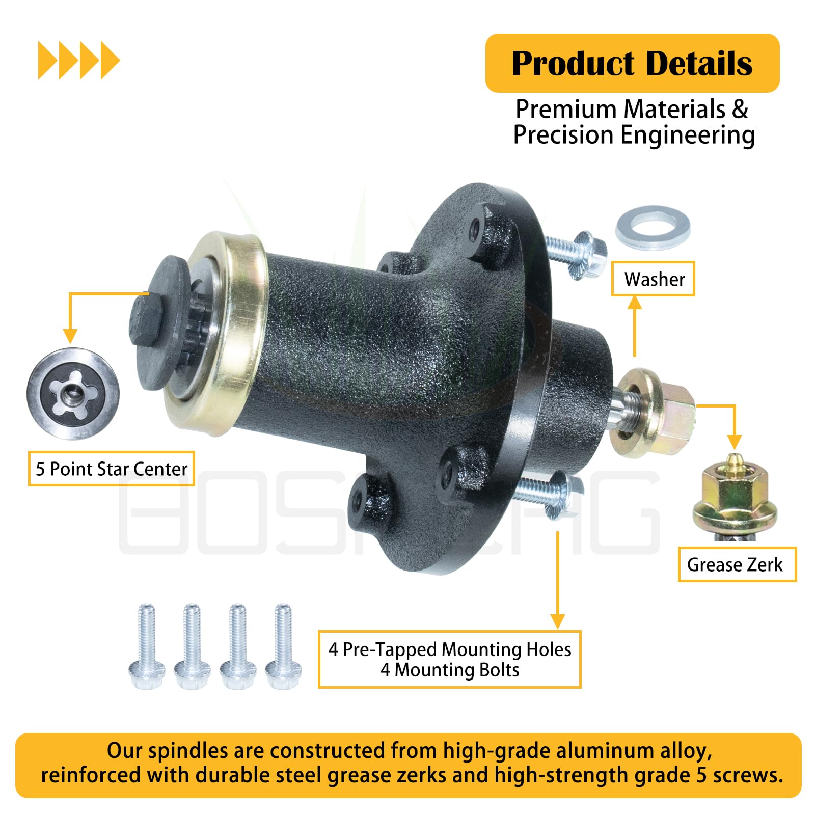 BOSFLAG spindle bearing detail emphasizing durability and smoother blade rotation