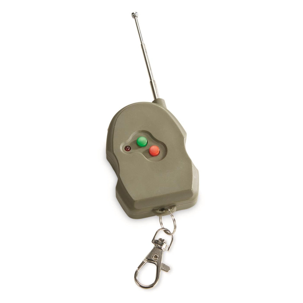 Boss Buck remote close-up of two buttons and extendable antenna for reliable signal