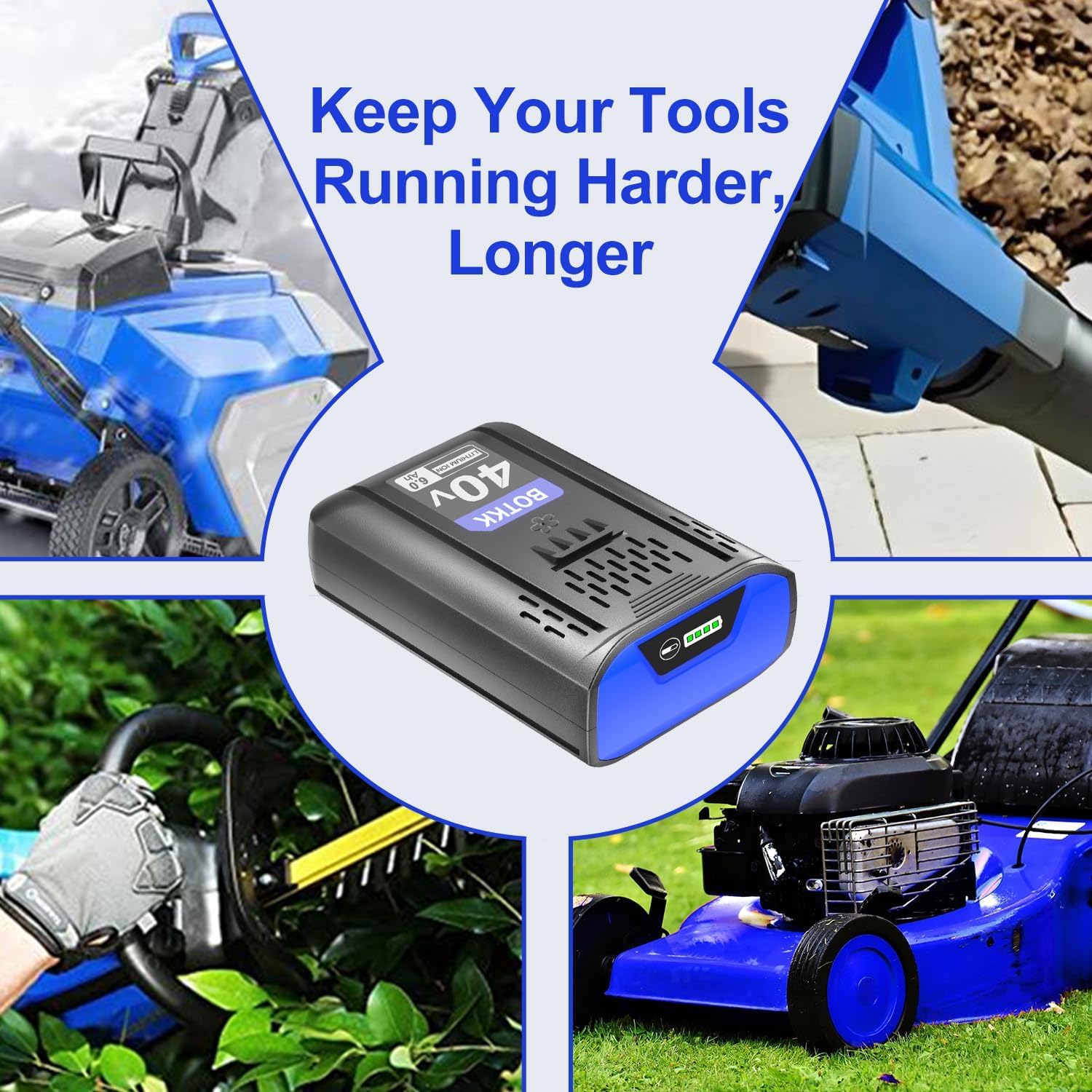 BOTKK powering lawn mower in yard showing extended runtime advantage