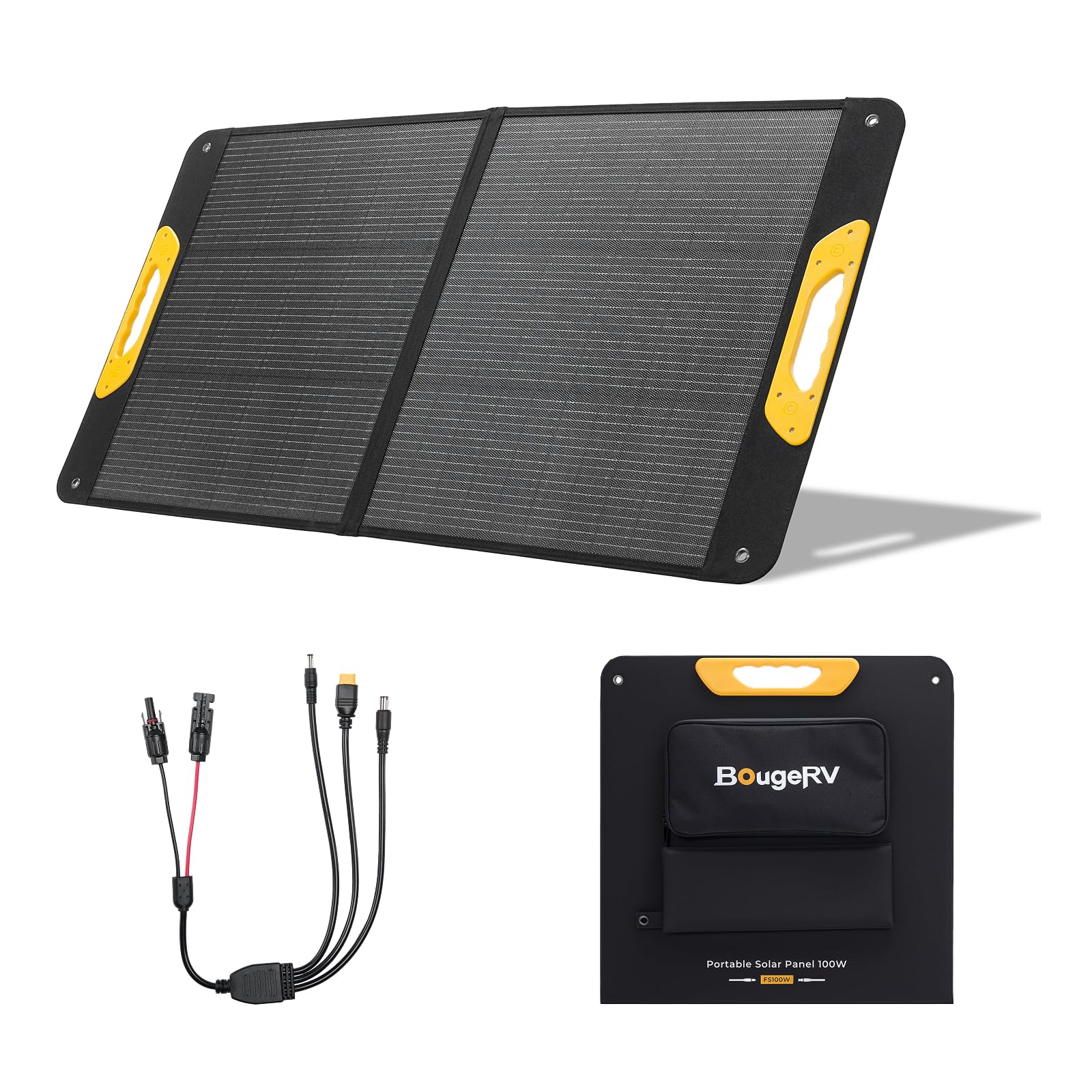 BougeRV folded 100W panel front view showing compact portability and durable carry handles