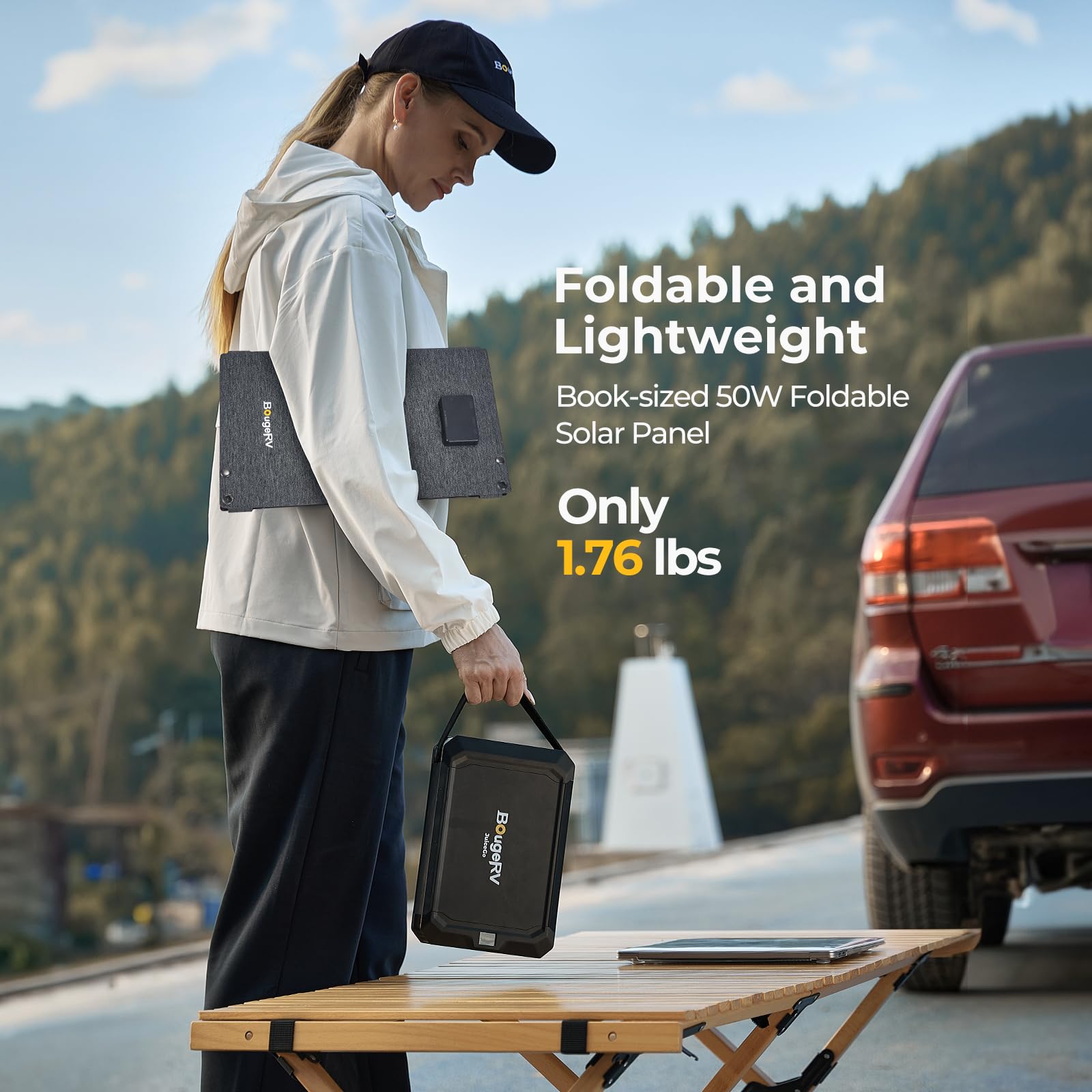 BougeRV panel next to backpack demonstrating lightweight travel convenience benefit