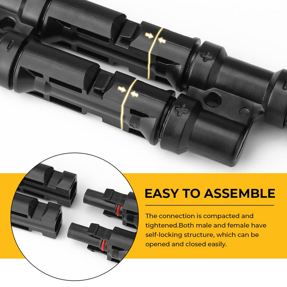 BougeRV connectors joining two solar panels to simplify parallel wiring