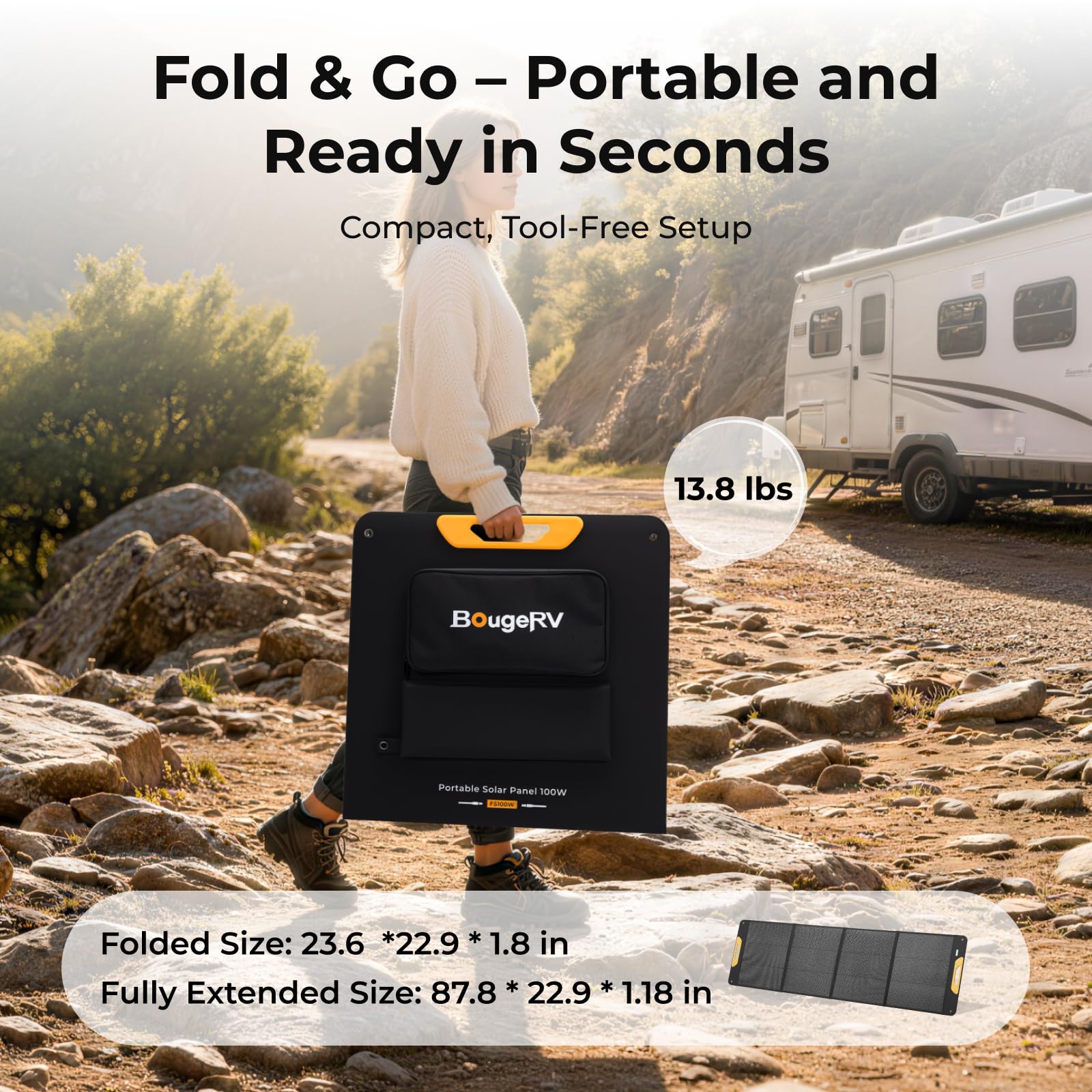 BougeRV panel angled at campsite demonstrating reliable off-grid charging