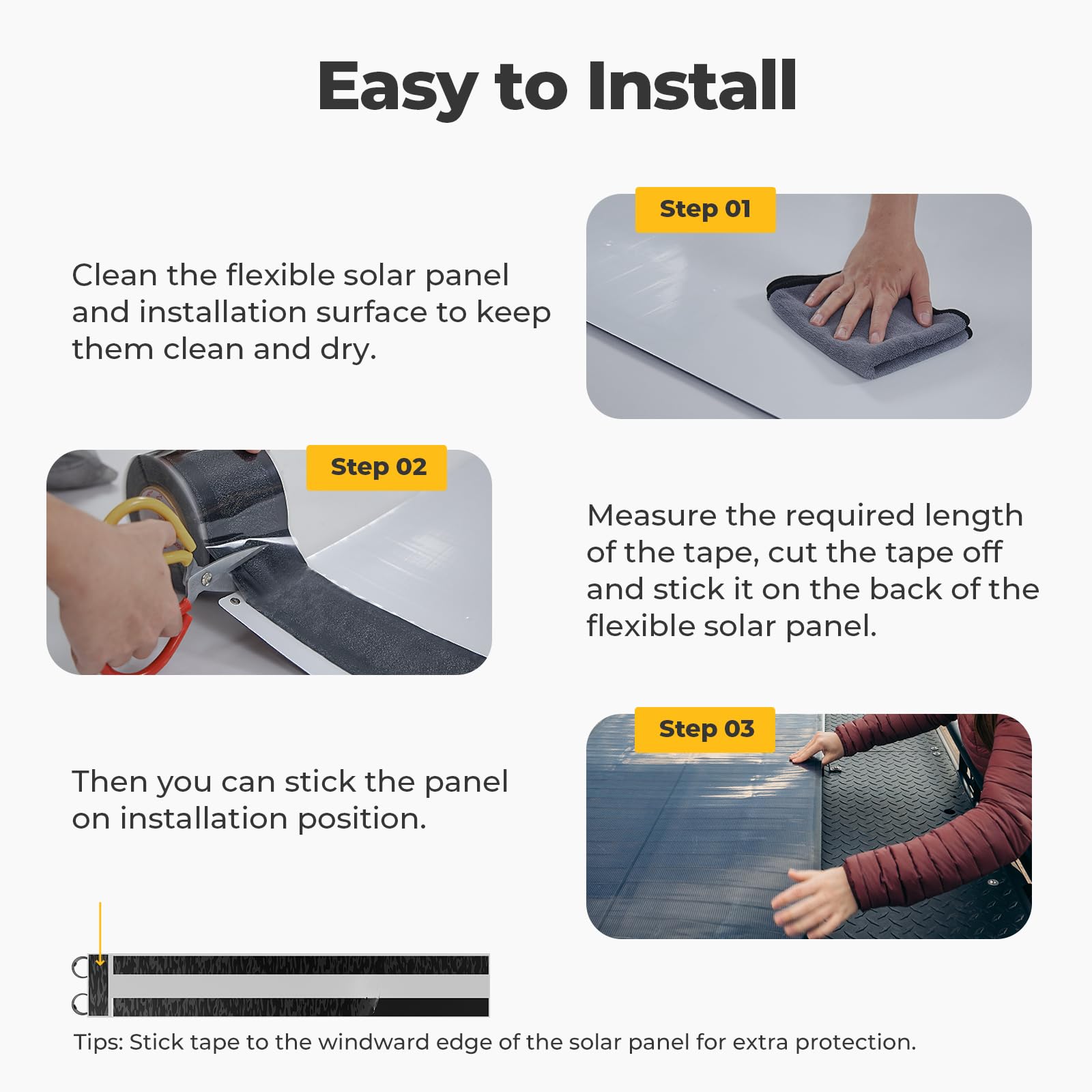 BougeRV tape applied to flexible solar panel back demonstrating clean bond