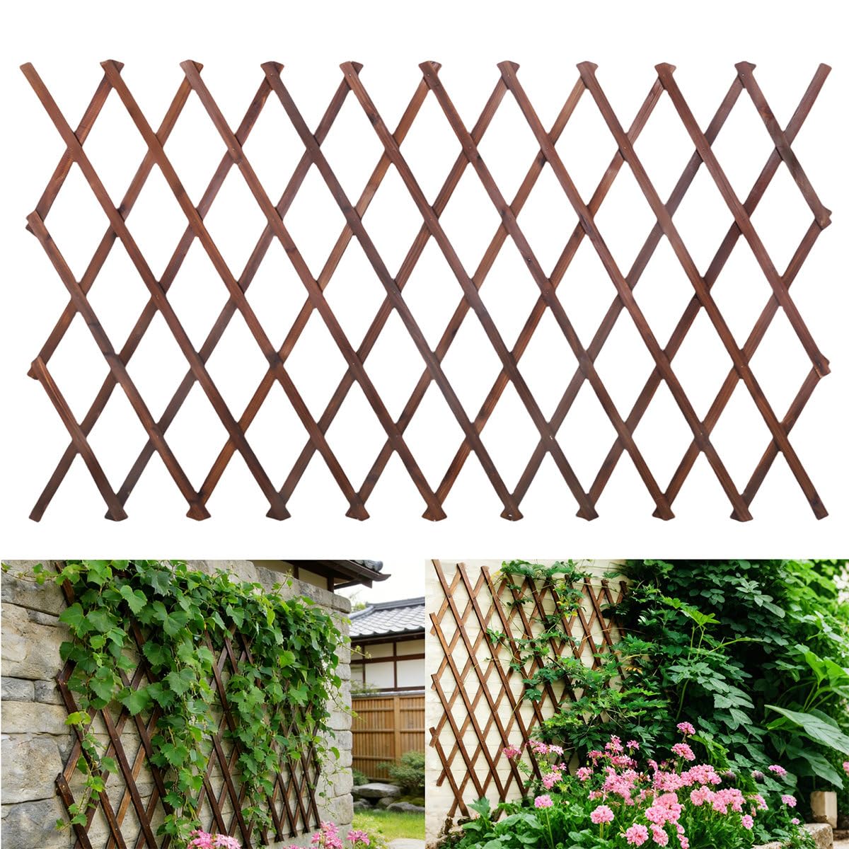 Bounmer trellis front view showing cedar finish and expandable design benefit