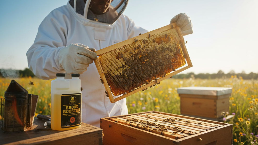 Bountiful Bees bottle in an apiary setting showing practical beekeeper use