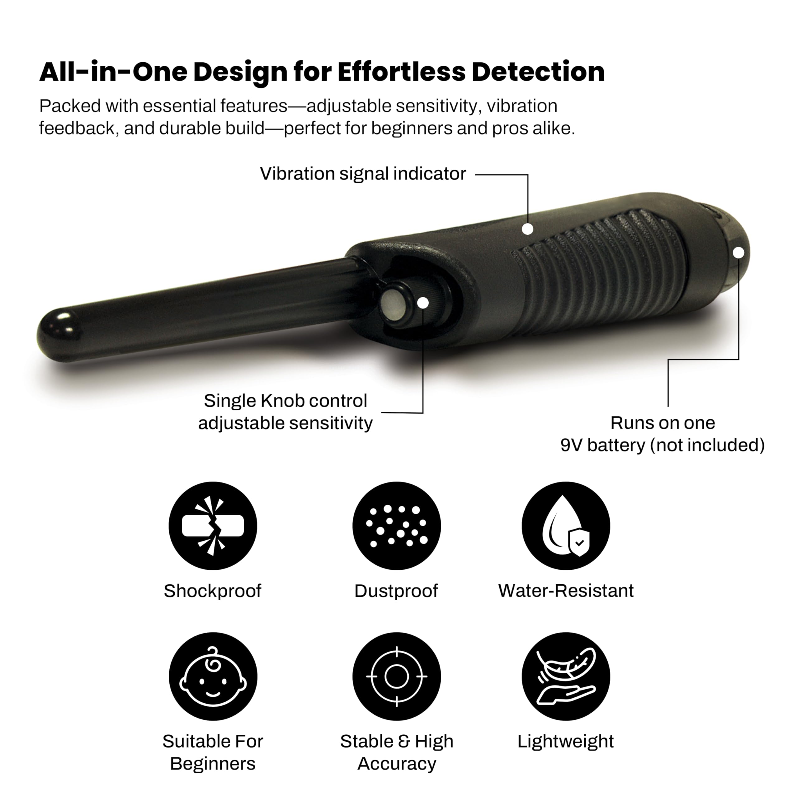 bounty hunter pinpointer housing detail demonstrating rugged, dirt-resistant build benefit
