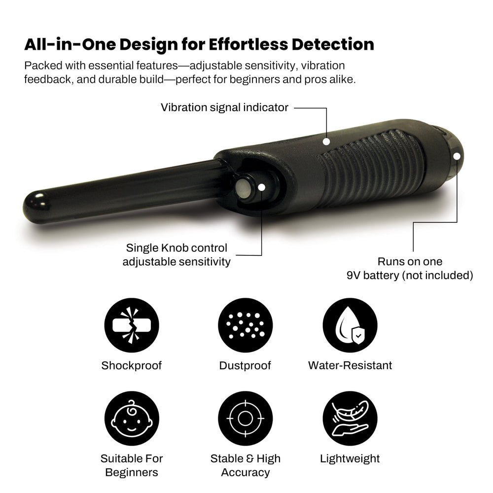 bounty hunter pinpointer housing detail demonstrating rugged, dirt-resistant build benefit