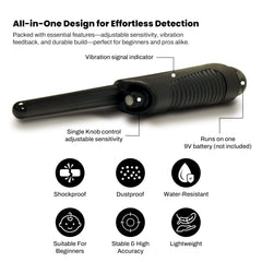 bounty hunter pinpointer housing detail demonstrating rugged, dirt-resistant build benefit