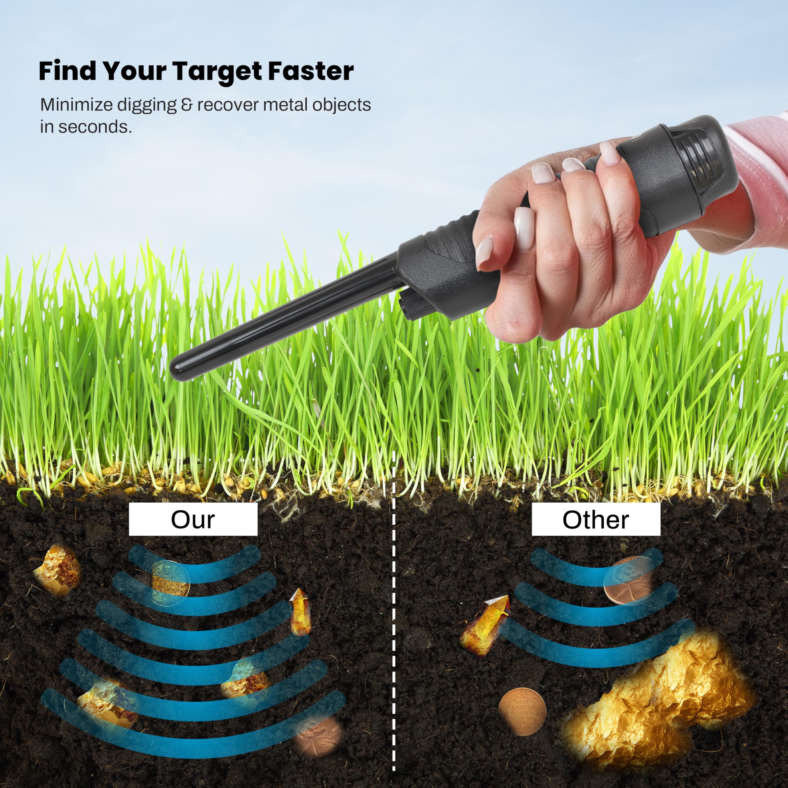 bounty hunter pinpointer held in hand showing scale and ergonomic comfort benefit