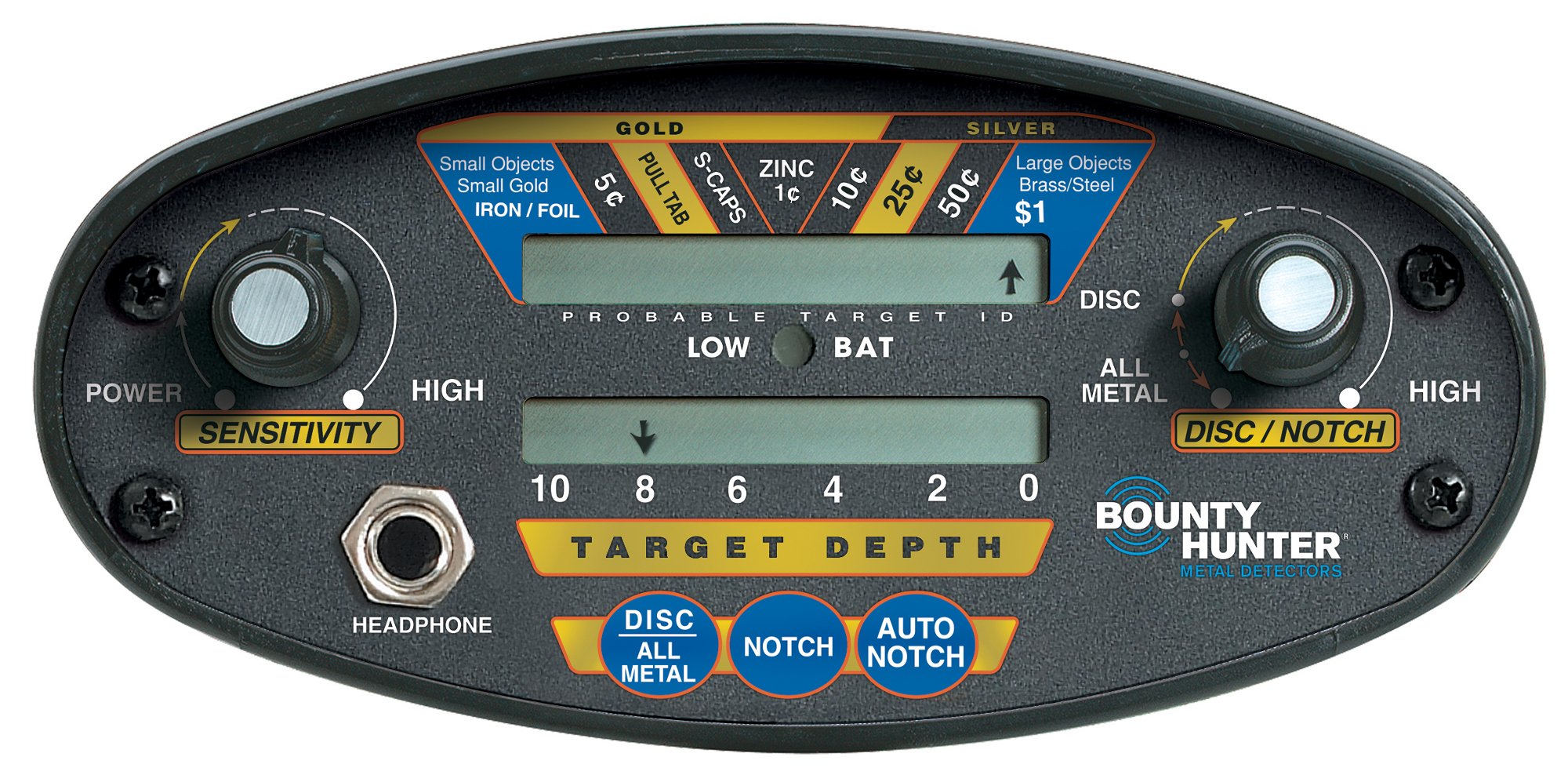 Bounty Hunter QD2 display close-up with 9-segment ID and depth readout for accurate digs