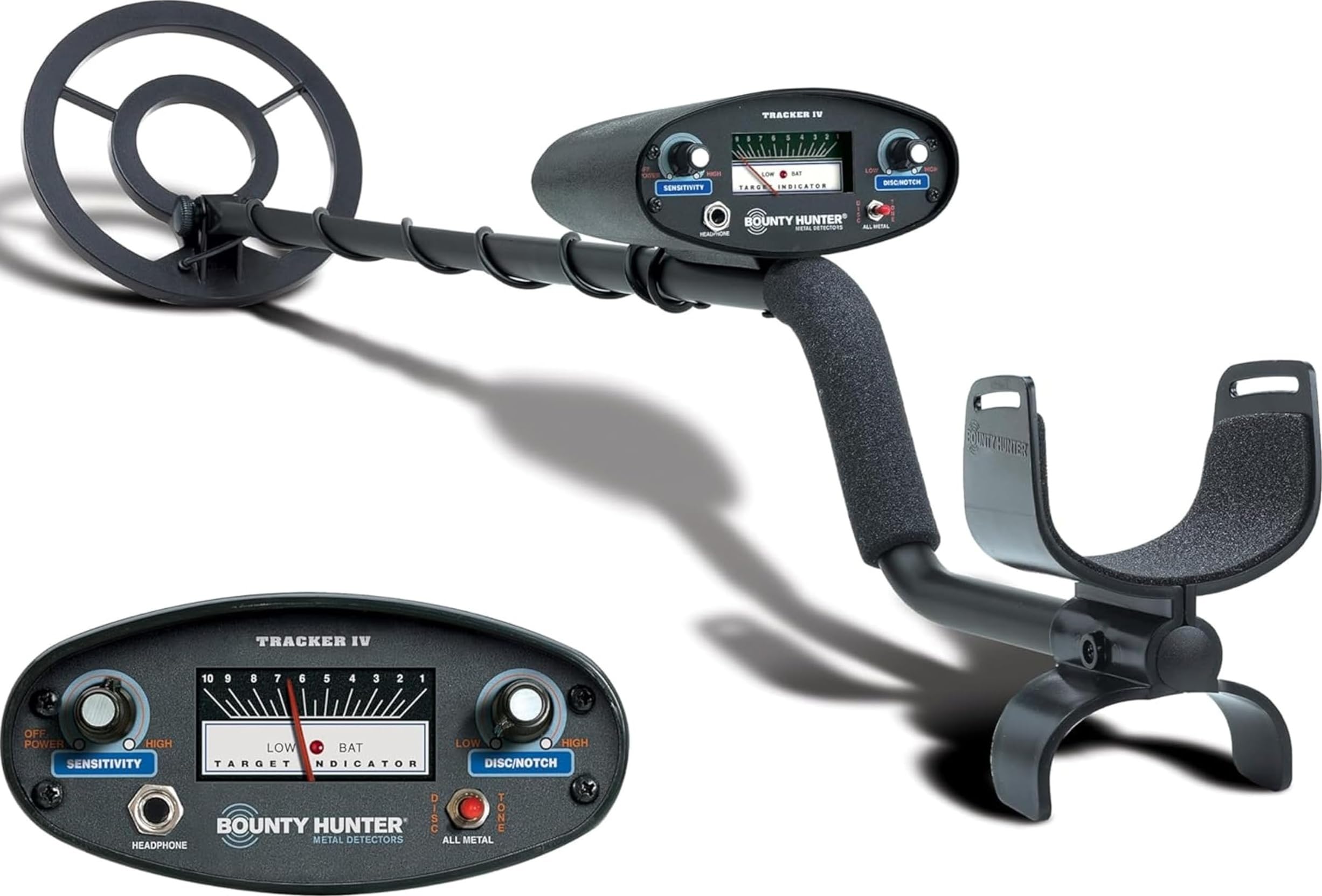 Bounty Hunter TK4 front profile showing durable shaft and ergonomic armrest benefit