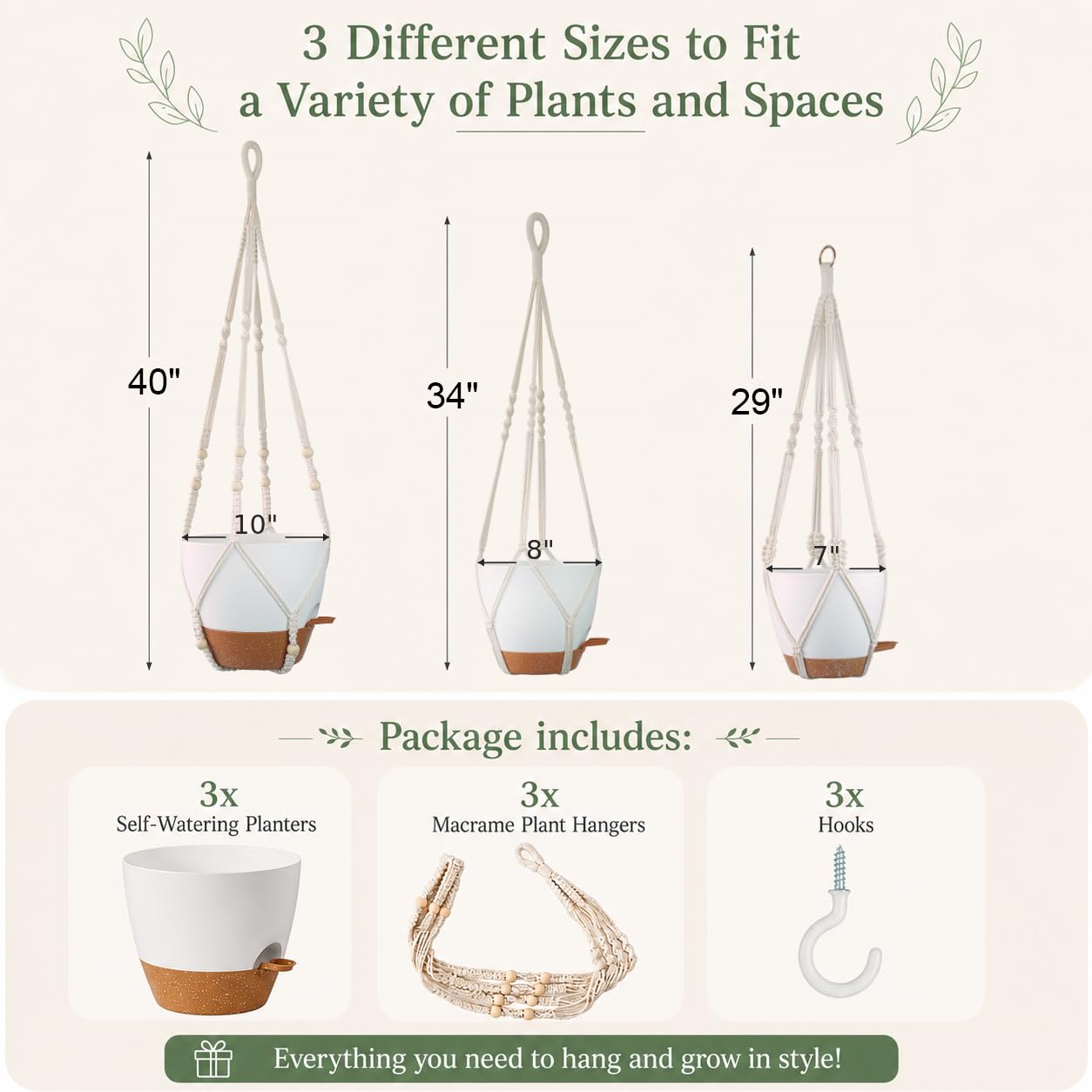 Bouqlife display of 10, 8, 7 inch pots side-by-side showing scale for larger houseplants