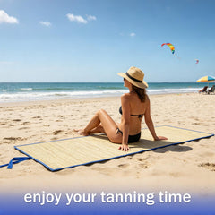 BOUTICOL mat laid on sand with sunbather demonstrating stable, non-slip surface