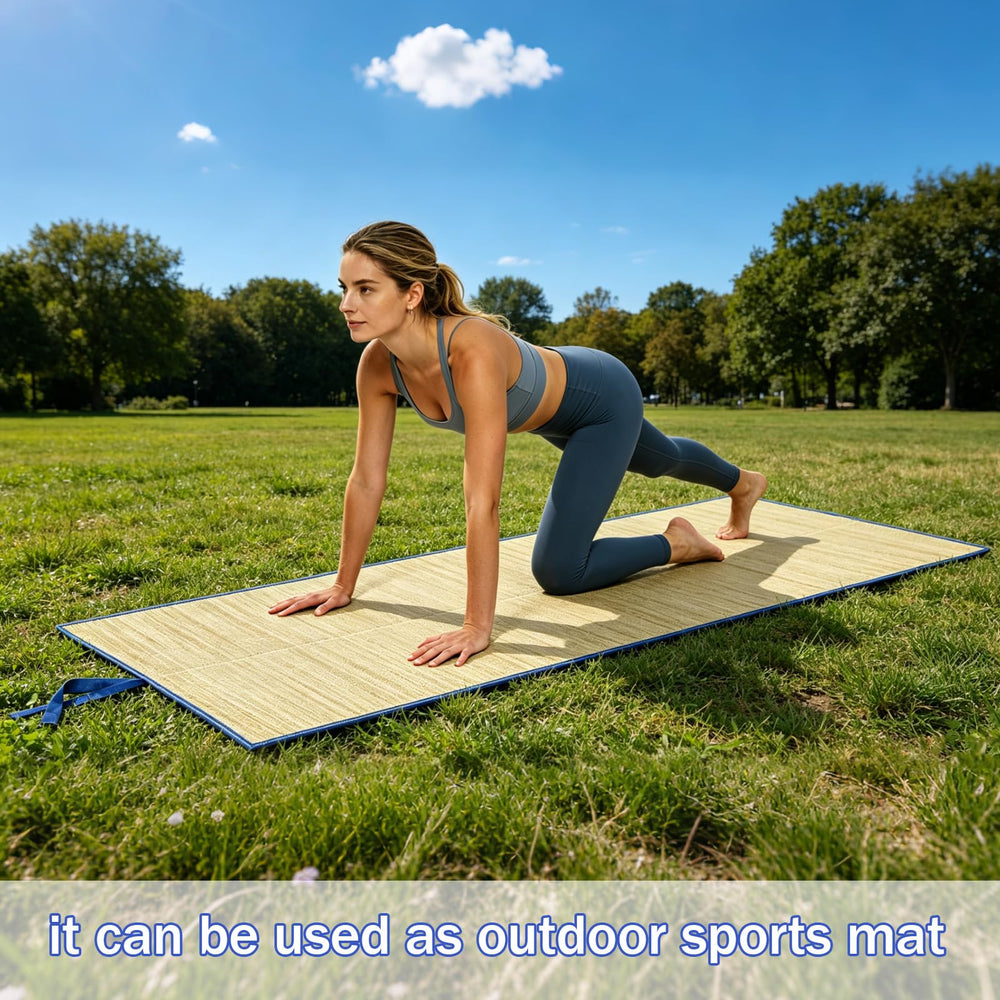 BOUTICOL mat next to beach towel illustrating 24x70 inch size and scale