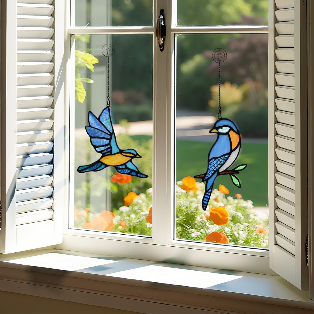 BOXCASA blue birds suncatcher displayed on patio adding color to outdoor space