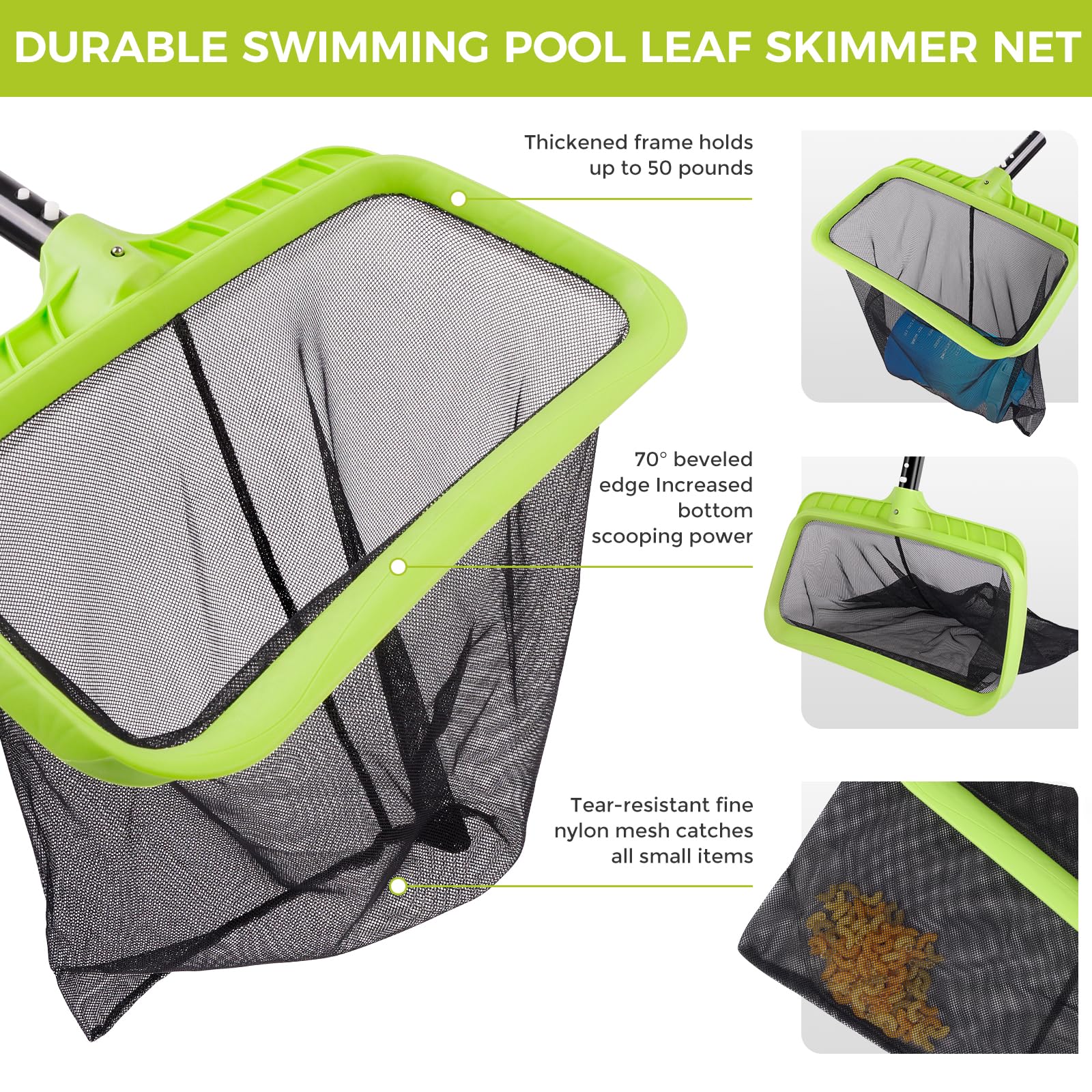 BoxedHome close-up of fine-mesh skimmer net catching leaves, effective debris removal