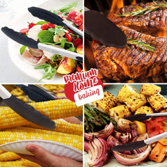 Boxiki Kitchen 9-inch and 12-inch tongs side-by-side showing scale and reach