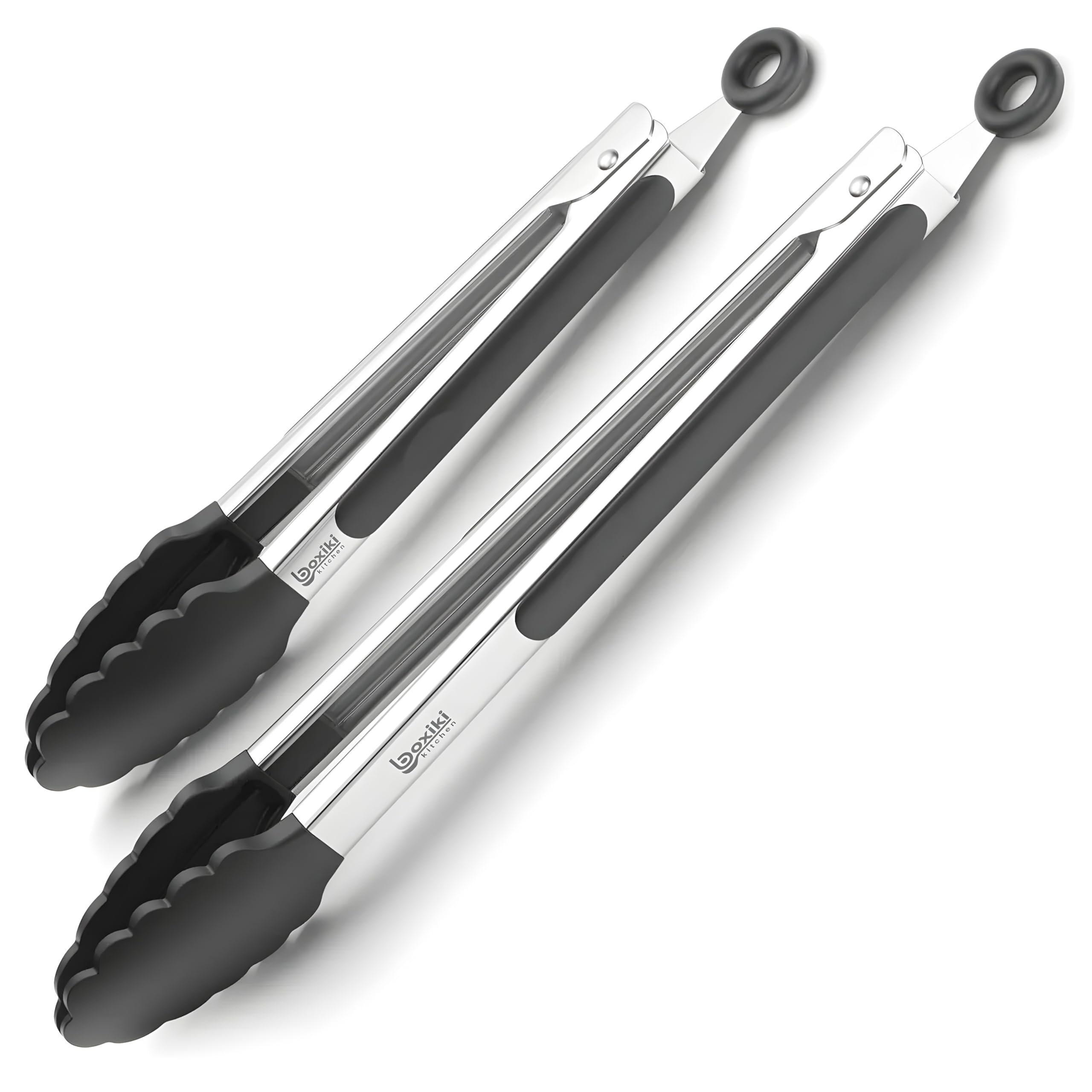 Boxiki Kitchen front packaging showing two silicone tip tongs for versatile cooking