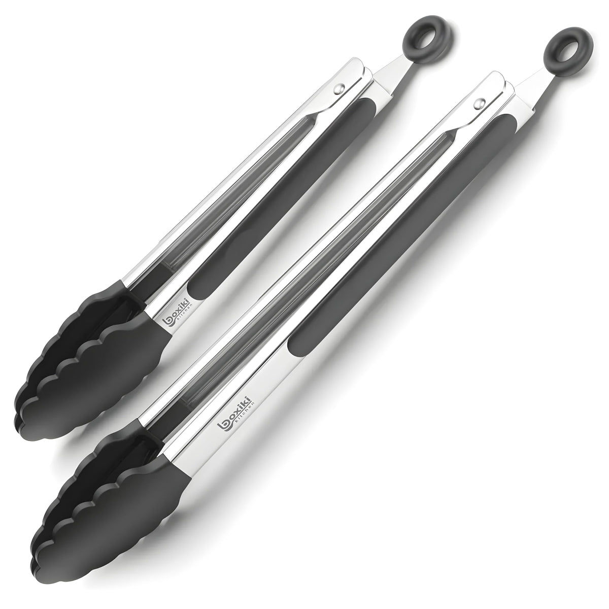 Boxiki Kitchen front packaging showing two silicone tip tongs for versatile cooking