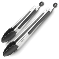 Boxiki Kitchen front packaging showing two silicone tip tongs for versatile cooking