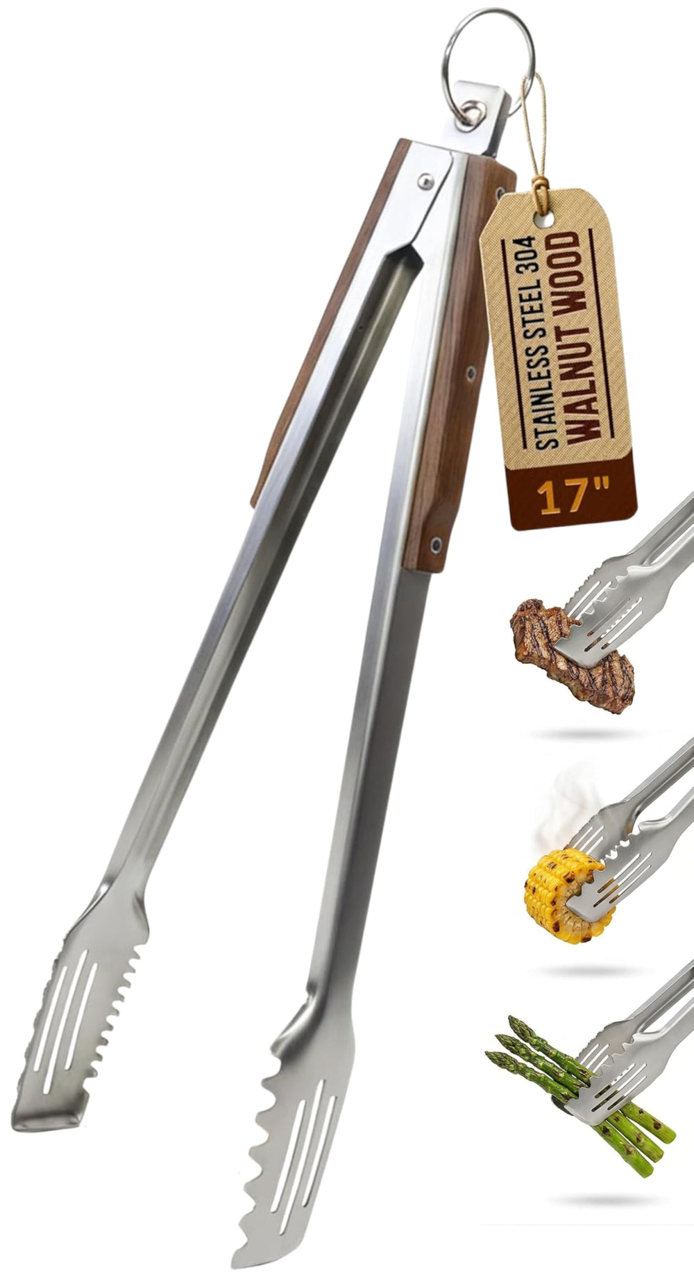 Boxiki Kitchen front view of 17-inch tongs showing full length and walnut handle for safe reach