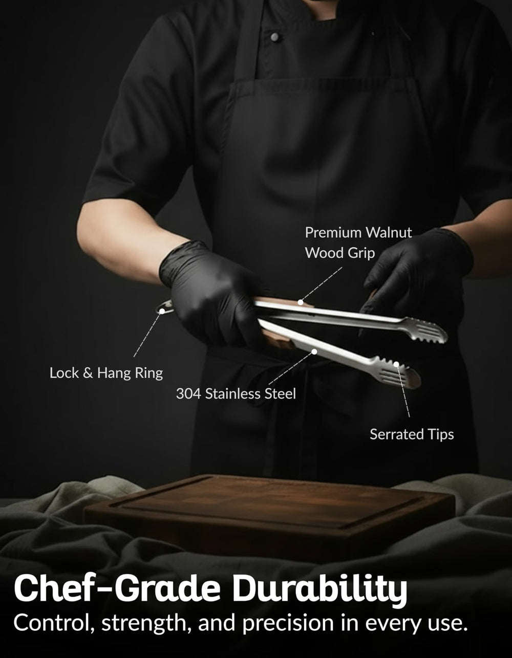 Boxiki Kitchen serrated slotted tips detail showing secure grip and grease drainage