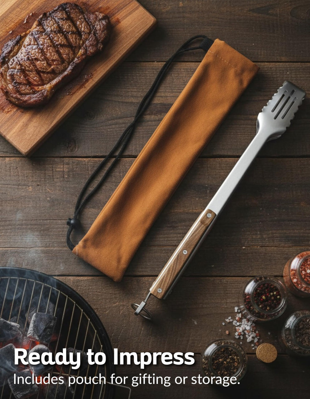 Boxiki Kitchen tongs in use on a charcoal grill providing distance from heat and precise turning