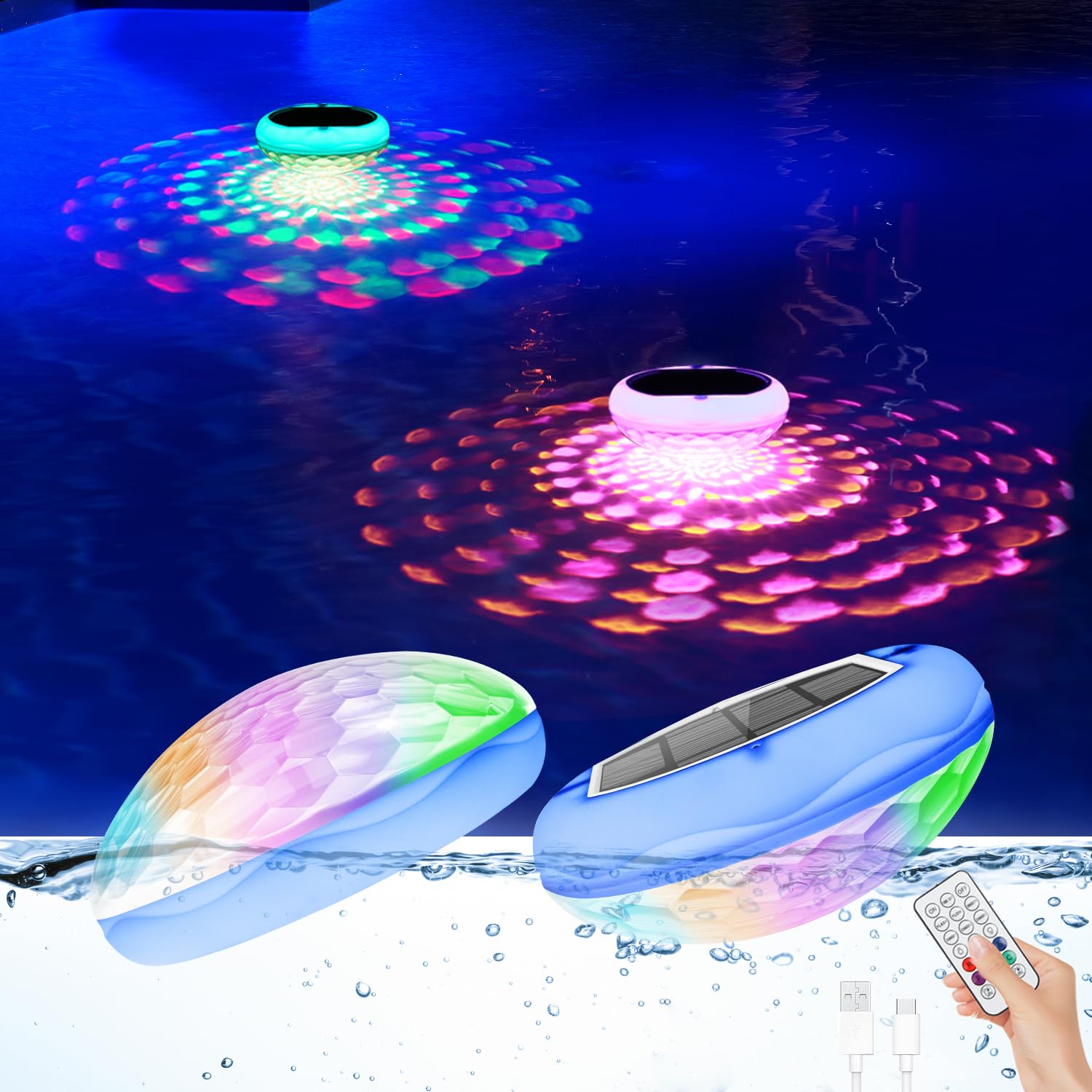 BOXPSII front view of two floating lights showing size and design, enhances pool ambiance