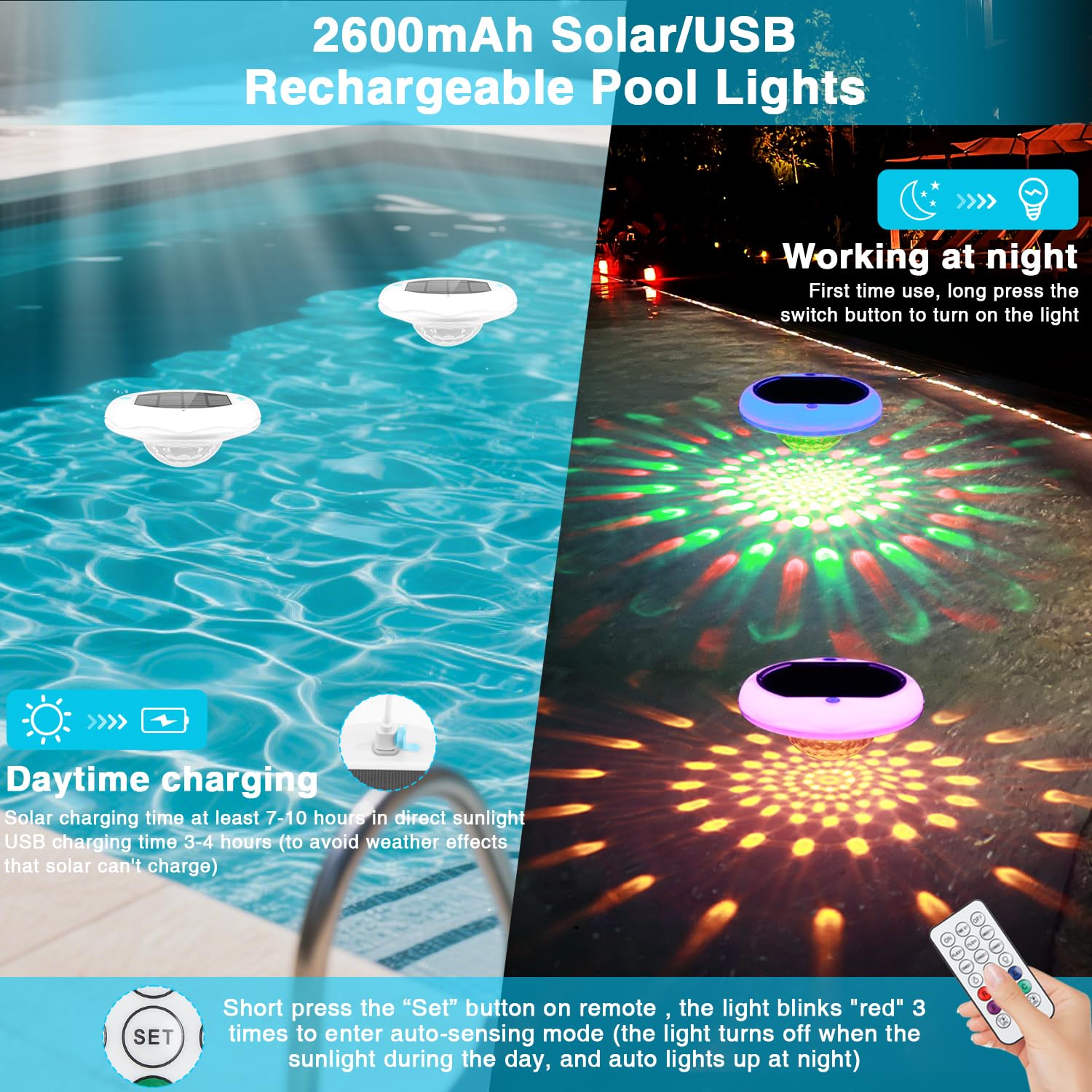 BOXPSII floating lights in pool at night creating party atmosphere