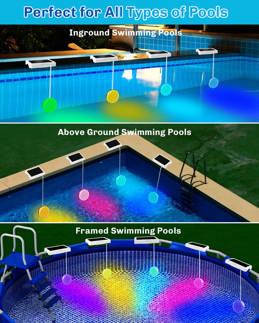 BOXPSII lights glowing in pool at night creating colorful ambiance