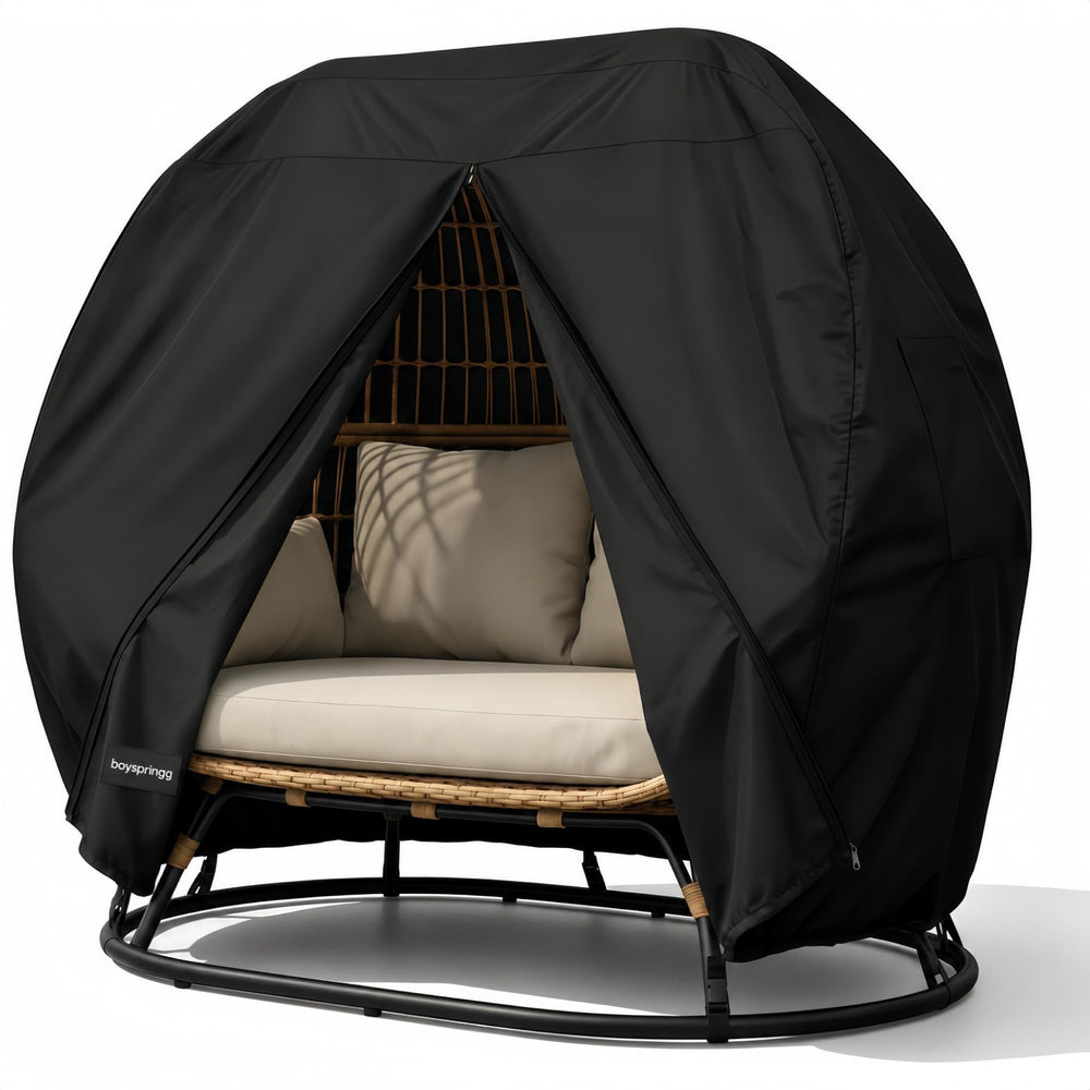 boyspringg front view covering a double egg chair, protects from weather