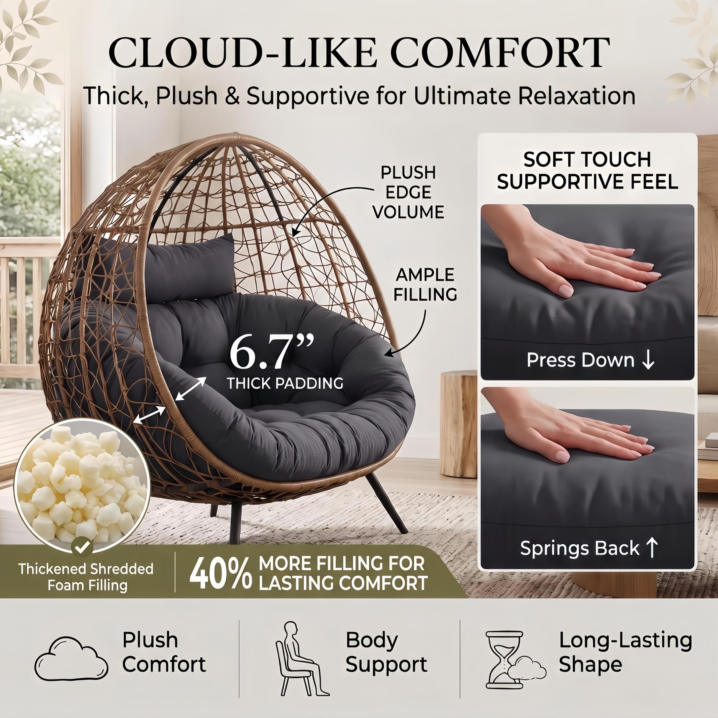 boyspringg cushion installed in hanging egg chair on patio for cozy lounging